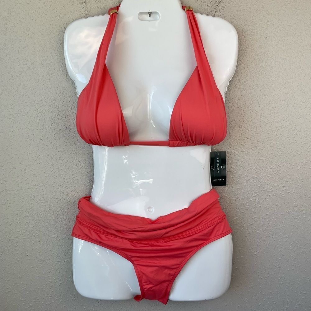 NWT Lauren Ralph Lauren Coral Orange Bikini Top and Matching Bottoms Size 10